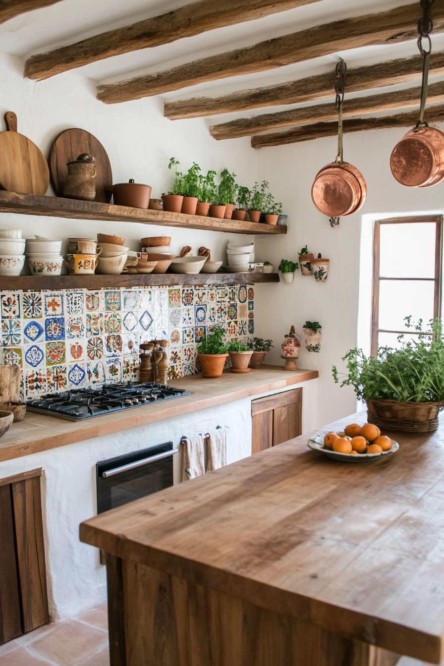 Open shelving and Talavera tiles in a rustic Mexican kitchen.