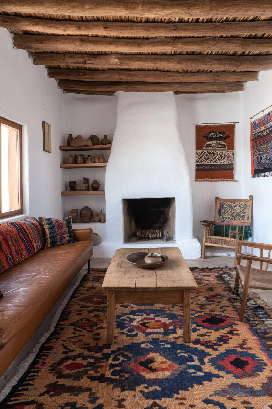 Vibrant Mexican living room with adobe fireplace and colorful textiles.