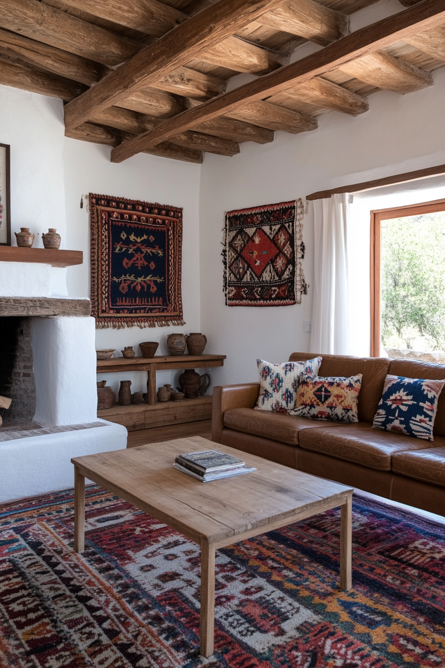 Mexican wall art and vibrant rugs in a farmhouse living room.