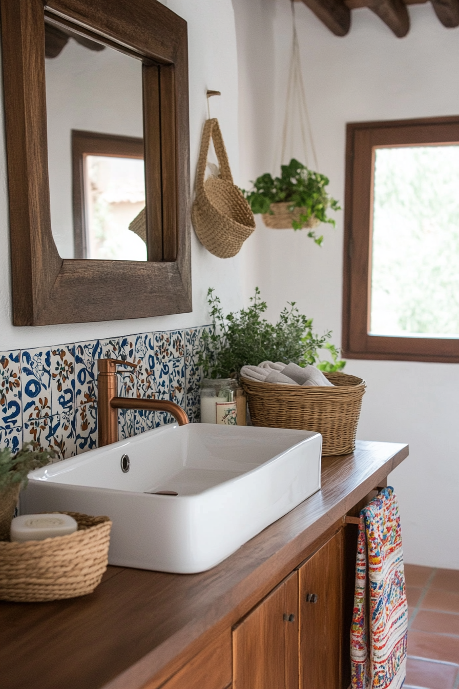 Talavera tiles and copper sink in a Mexican farmhouse bathroom.