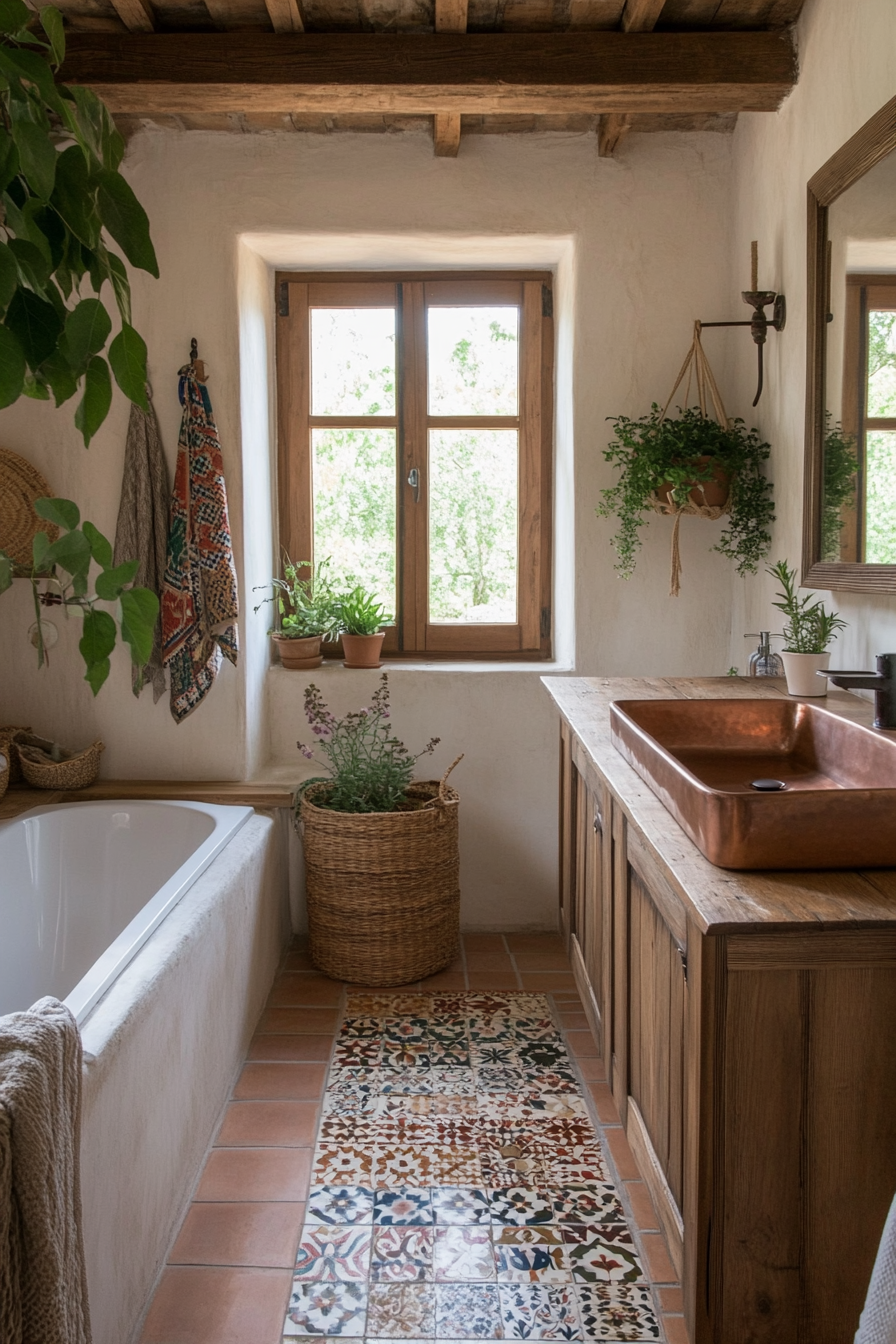 Ornate mirrors and woven baskets in a vibrant bathroom.