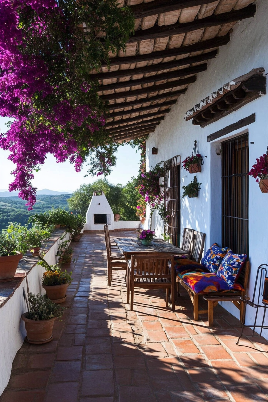 Terracotta tiles and rustic wood furniture in a farmhouse patio.