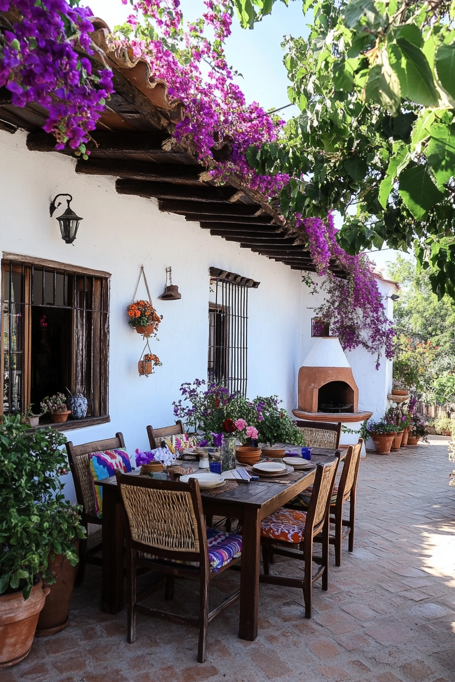 Outdoor fireplace and hanging plants in a cozy patio setting.
