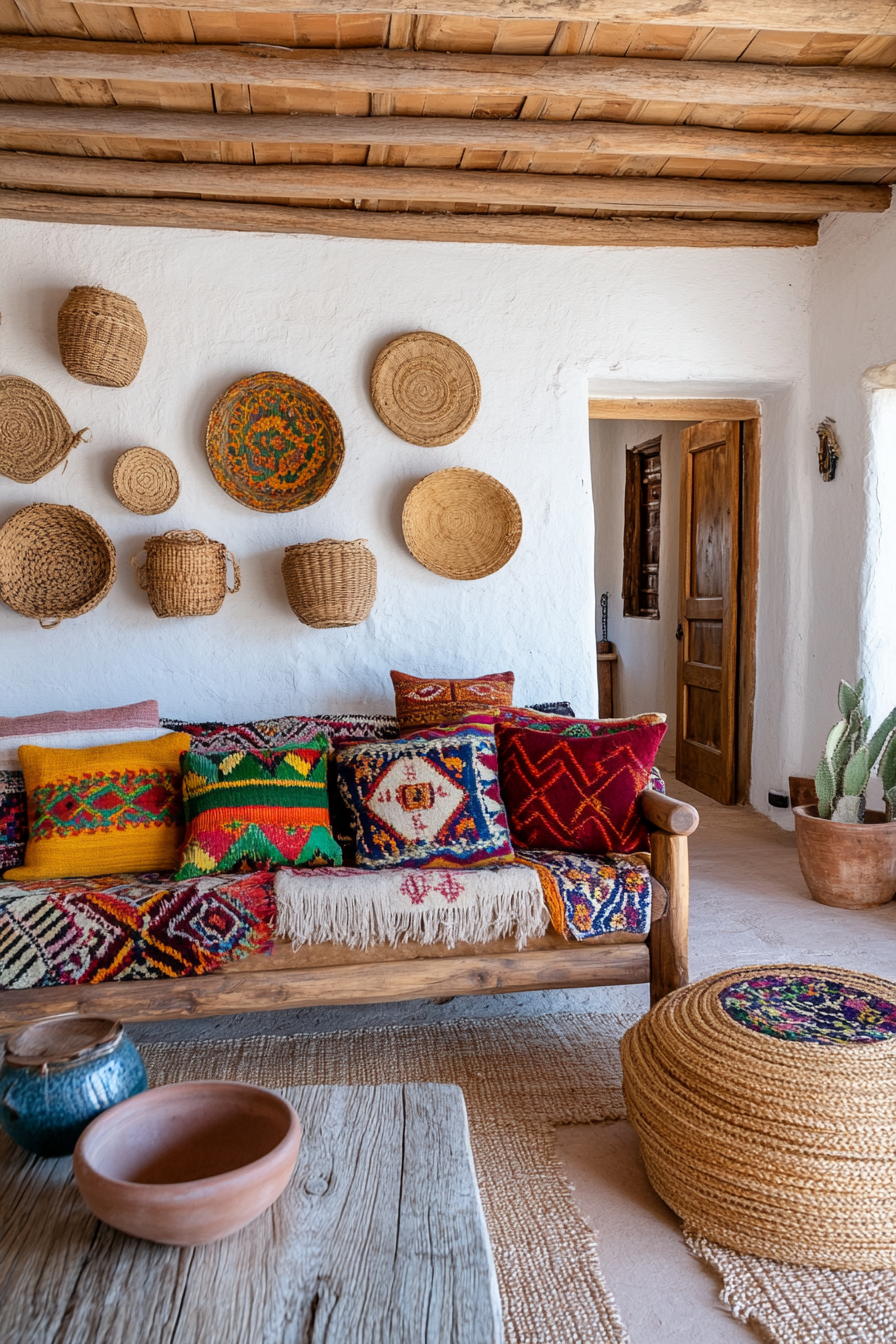 Rustic Mexican farmhouse with handcrafted wood and earthy tones.