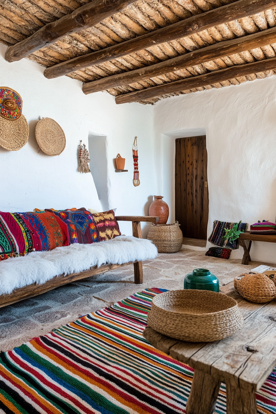 Handcrafted accessories and colorful textiles in a rustic setting.