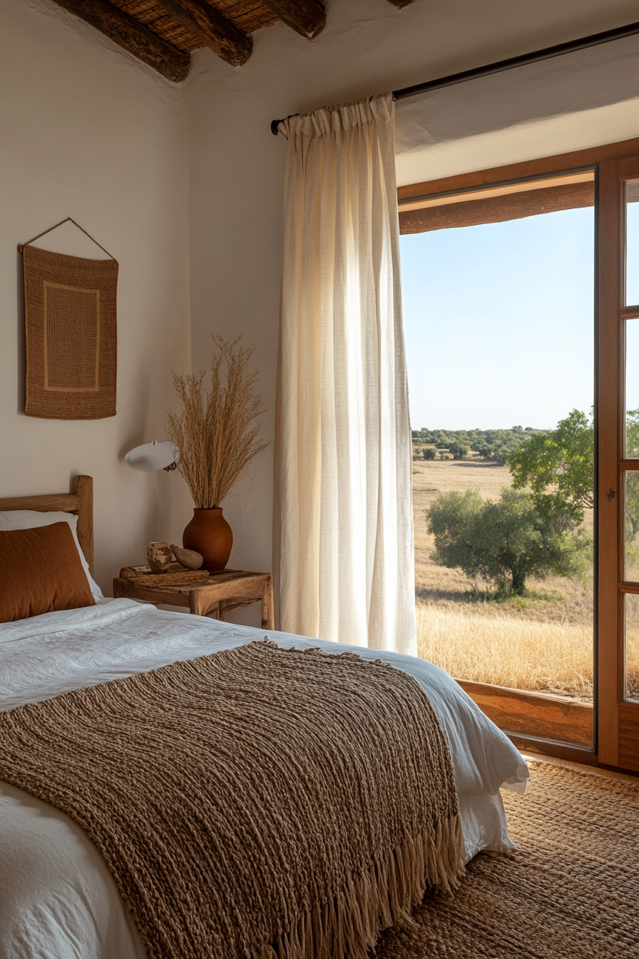 Clay vase and woven rug in a minimalist Mexican farmhouse bedroom.