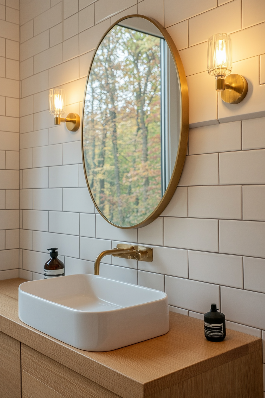 Round or oval mirrors framed in wood or brass above a floating vanity