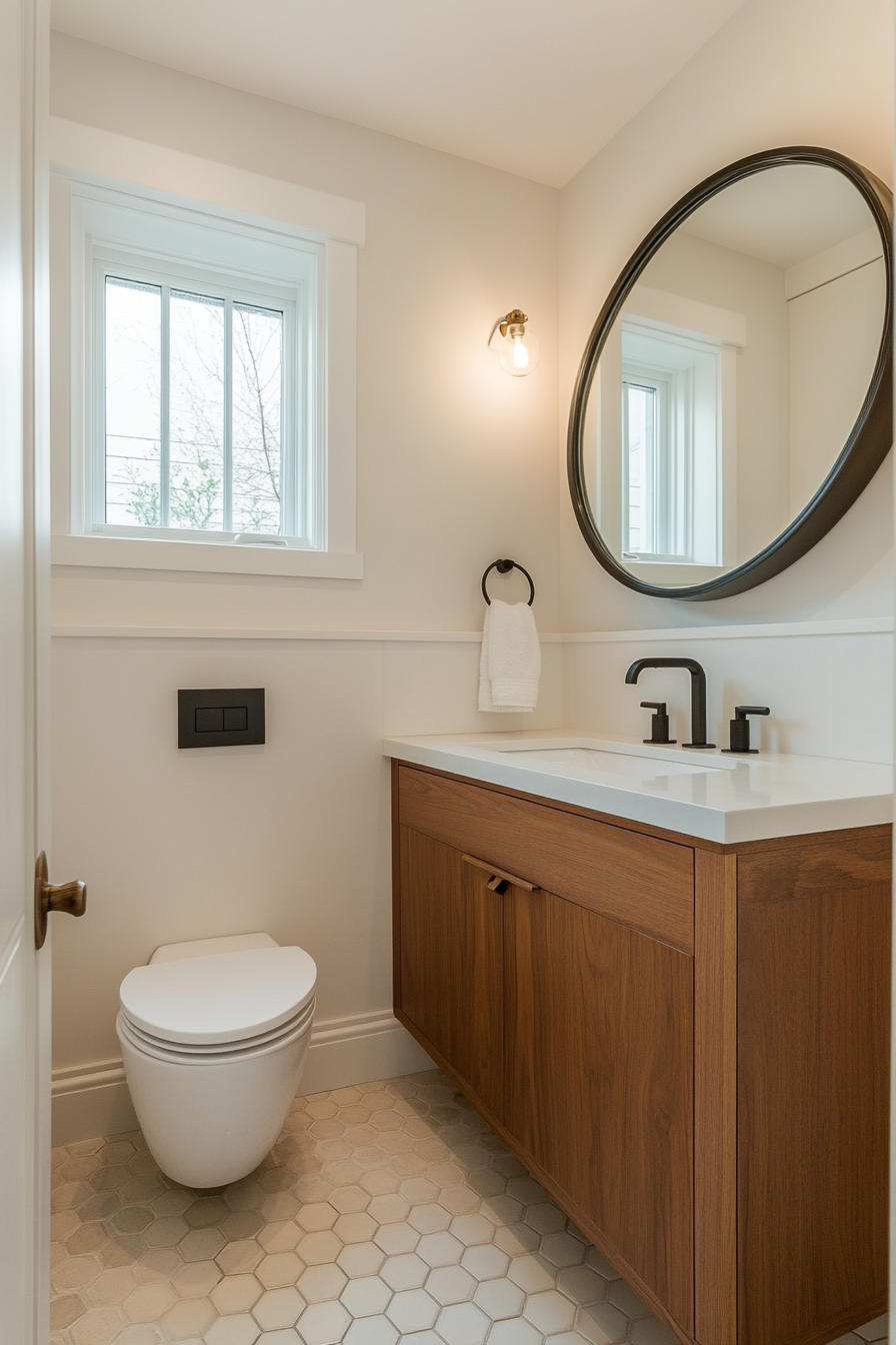 Floating vanities and large mirrors for maximizing small spaces