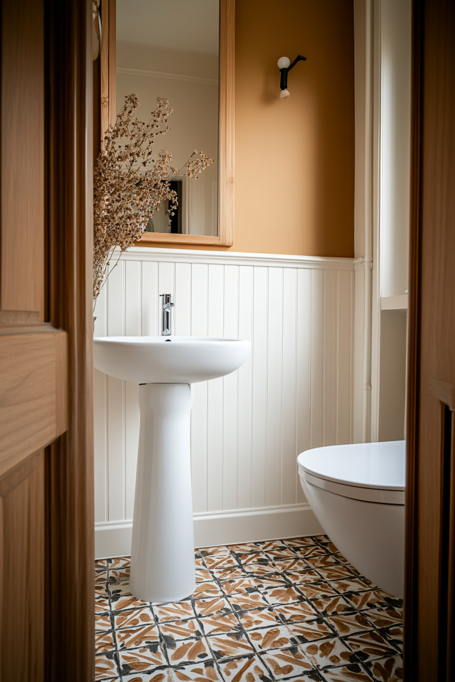 Warm wood tones and open shelving in a minimalist bathroom