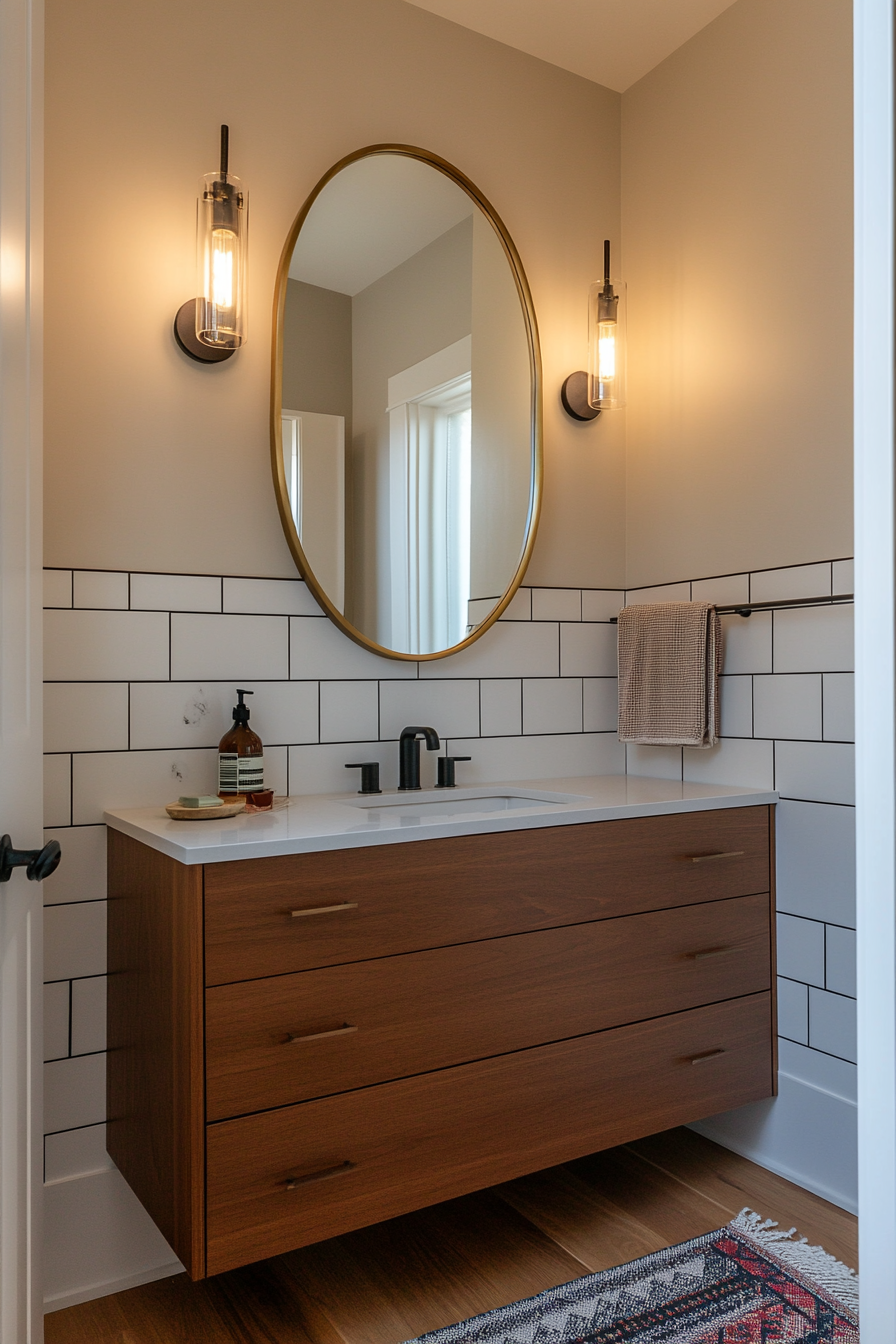 Minimalist mirror design with retro flair in Mid-Century Modern bathroom