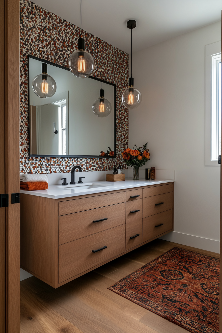 Globe-style pendant lights and sconces in warm metallic finishes