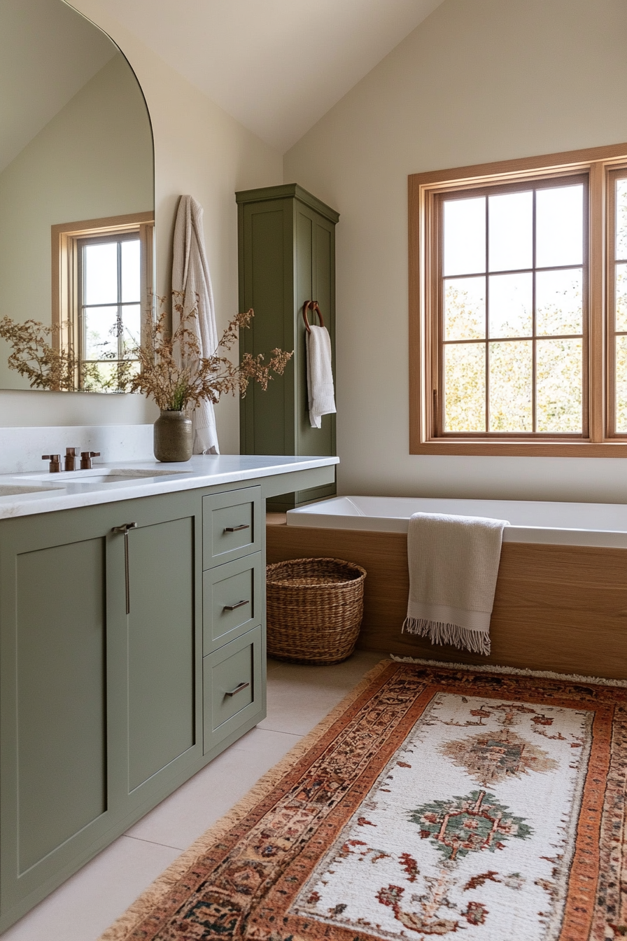 Muted pastels mixed with bold colors for a retro bathroom vibe