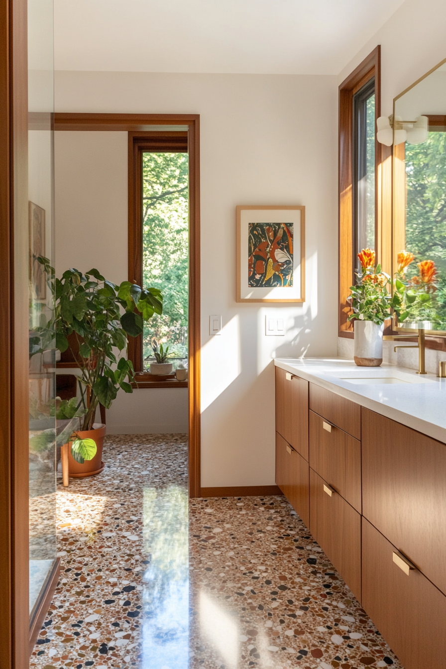 Terrazzo, penny, or geometric patterned floor tiles