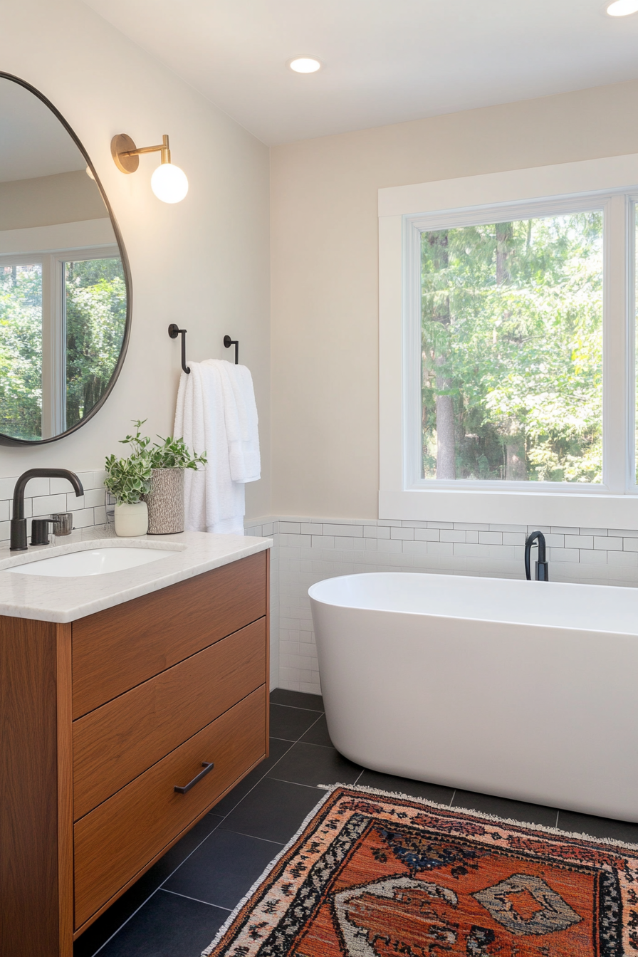 Bold geometric patterns or terrazzo tiles for a retro look