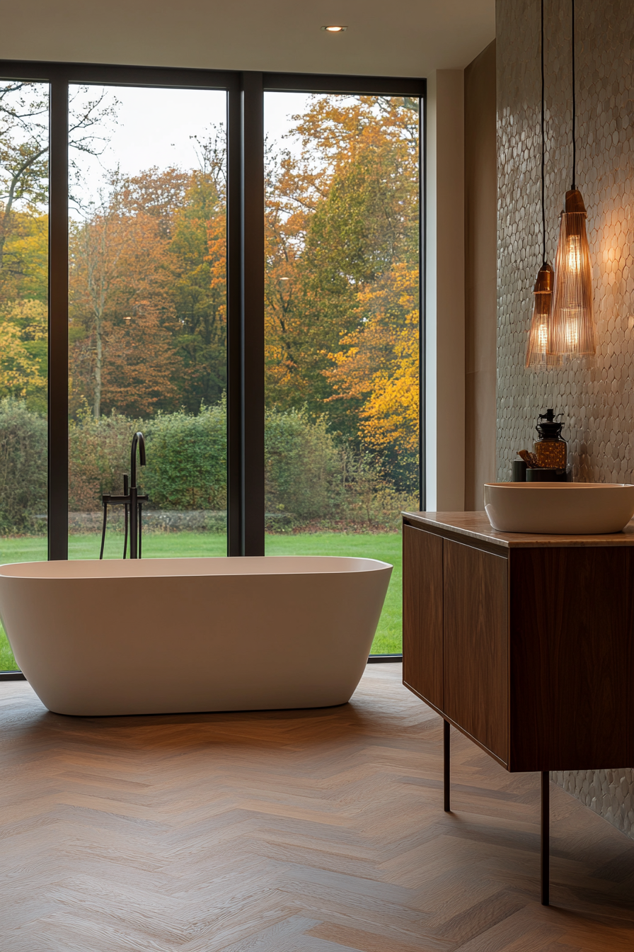Engineered wood or waterproof laminate floors in warm tones
