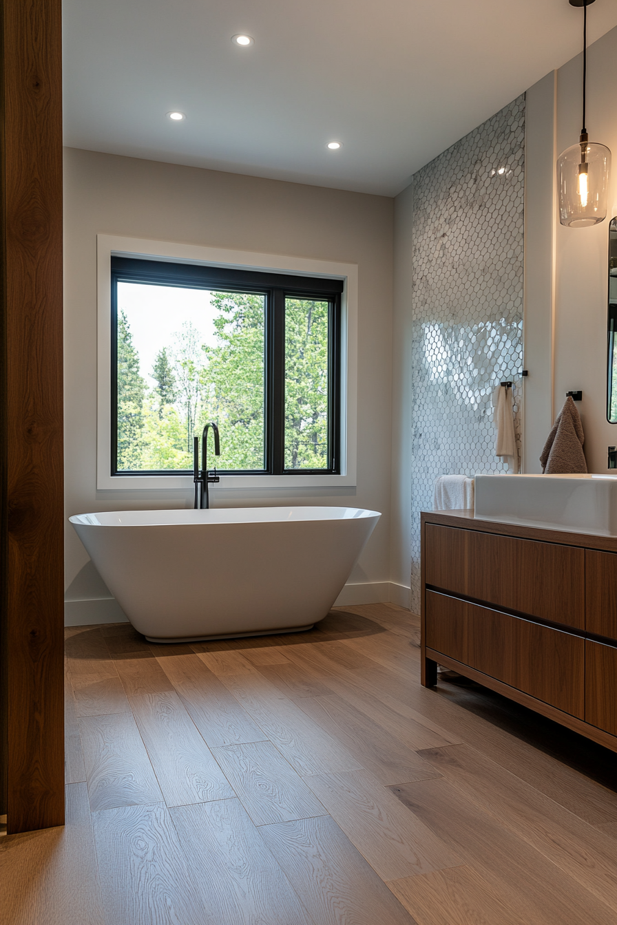Warm wooden floors balanced with sleek, minimalist elements
