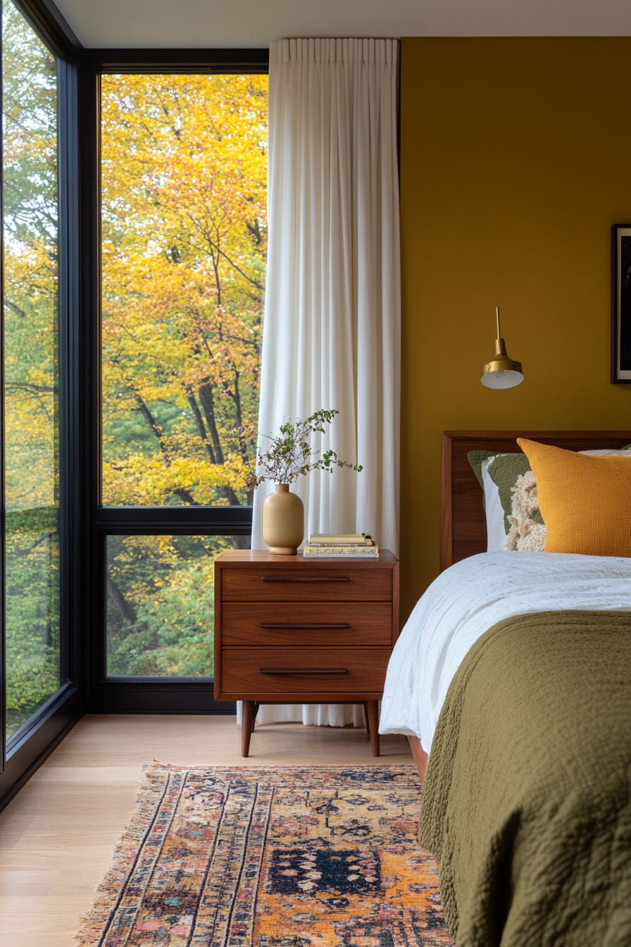 Mid-century modern bedroom featuring earthy tones like mustard yellow, olive green, and walnut.