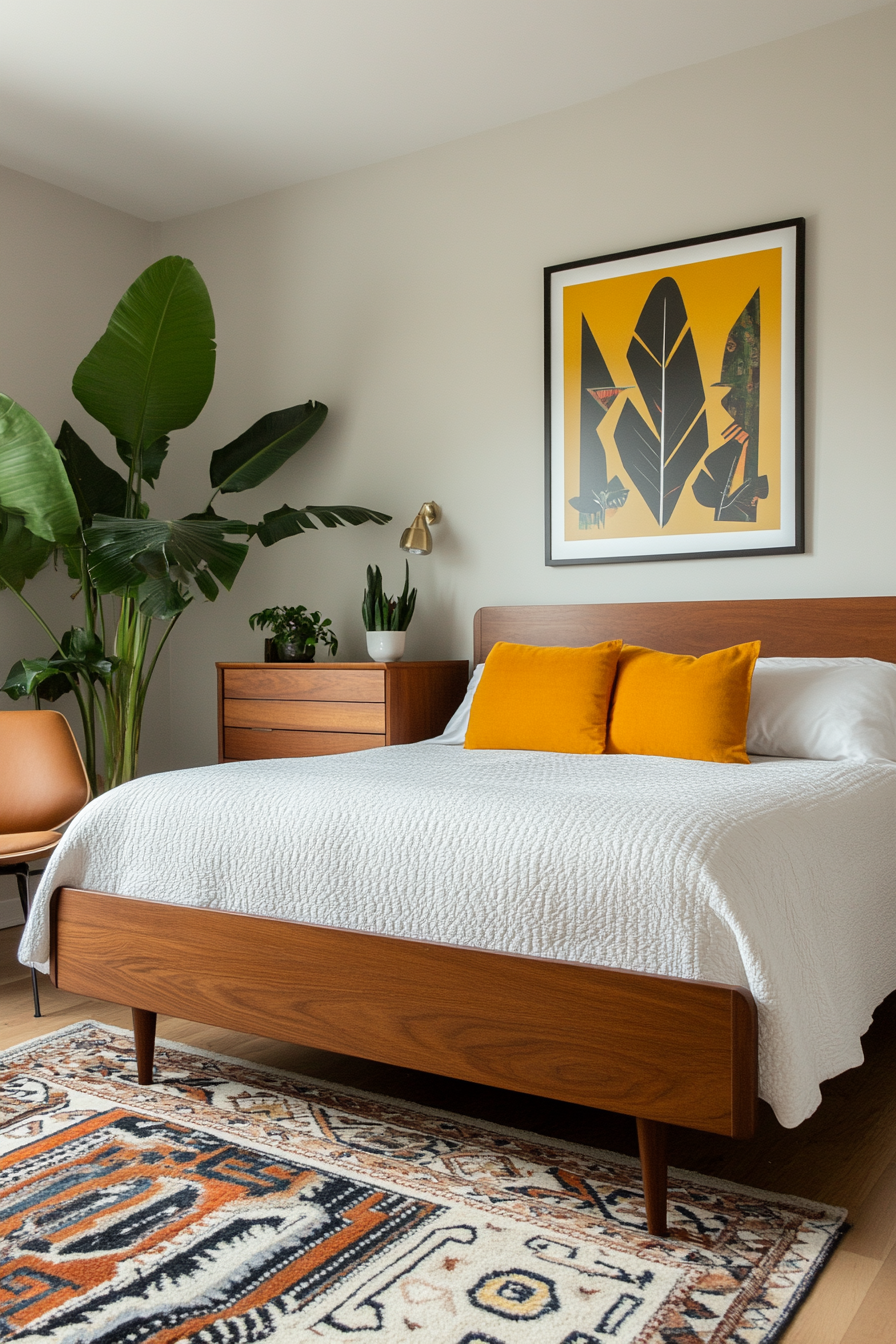 A mid-century modern bedroom featuring iconic walnut furniture and clean lines.