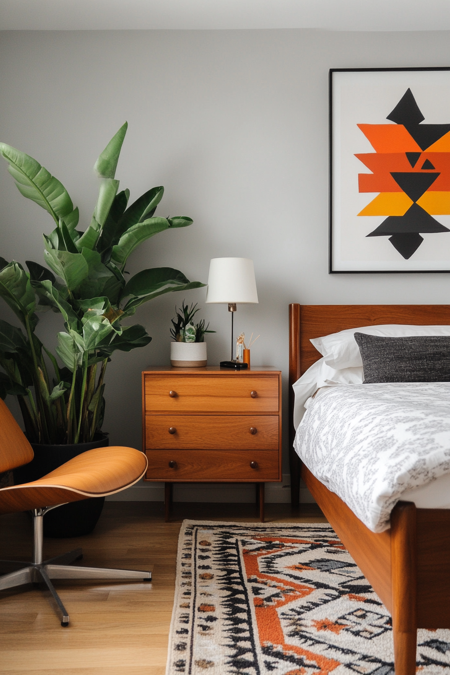 A sleek walnut bed frame is the focal point in this mid-century modern room.