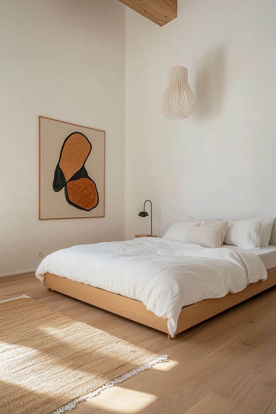A minimalist mid-century modern bedroom with simple lines and neutral tones.