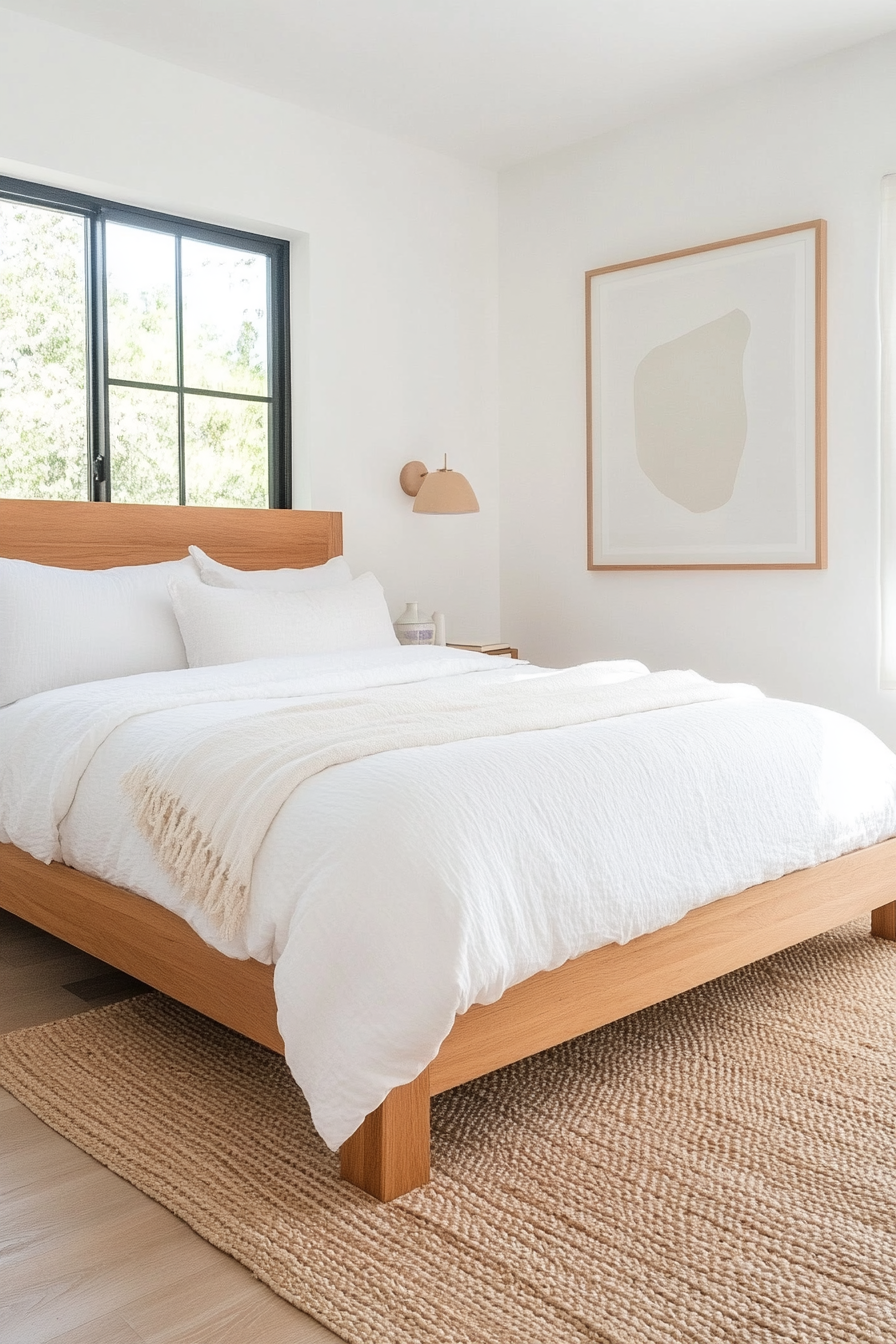 Clean lines and neutral tones create an airy, minimalist bedroom space.