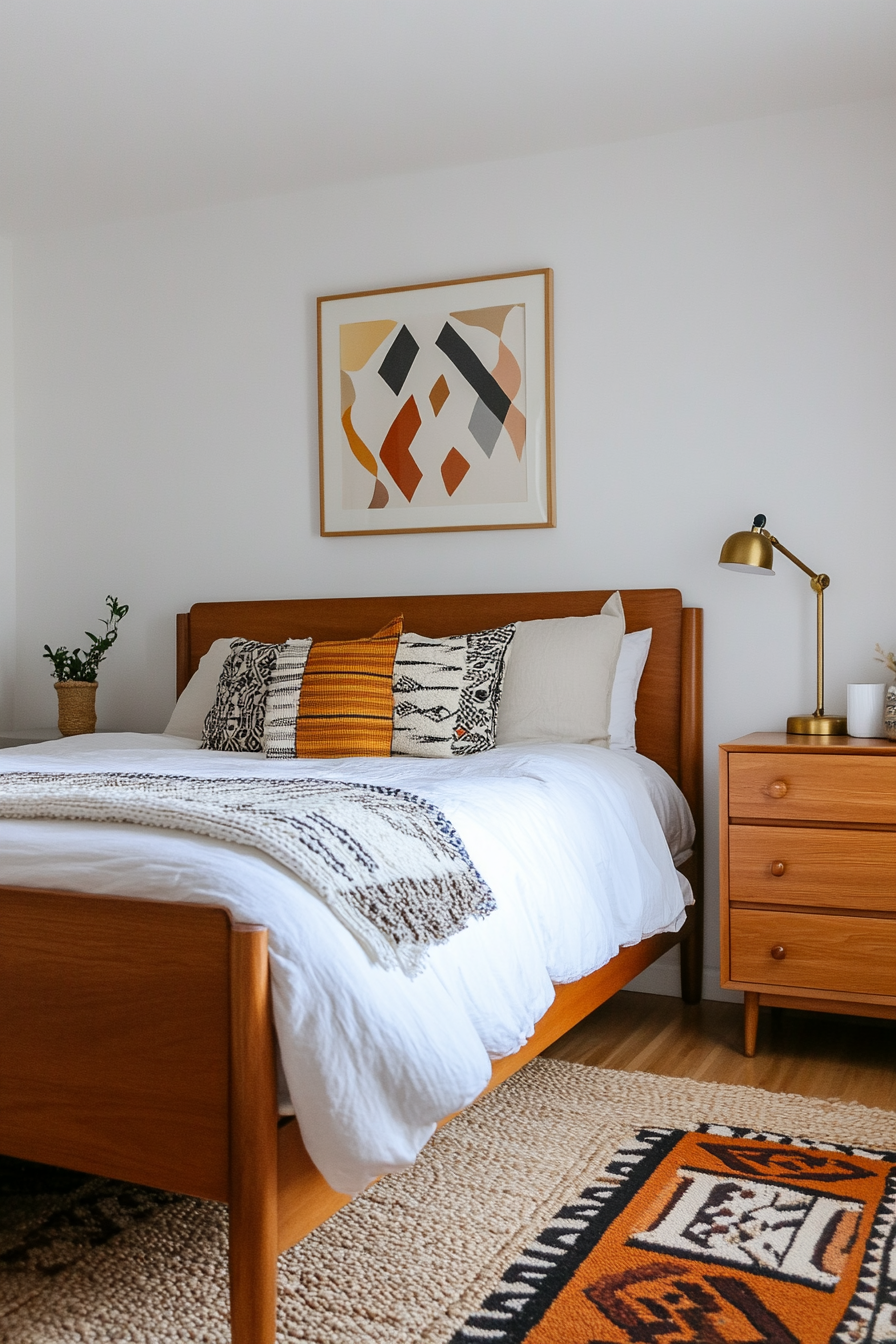 A budget-friendly mid-century modern bedroom with thrifted wooden furniture.