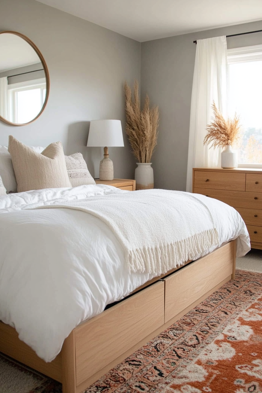 A small mid-century modern bedroom with space-saving furniture and light tones.