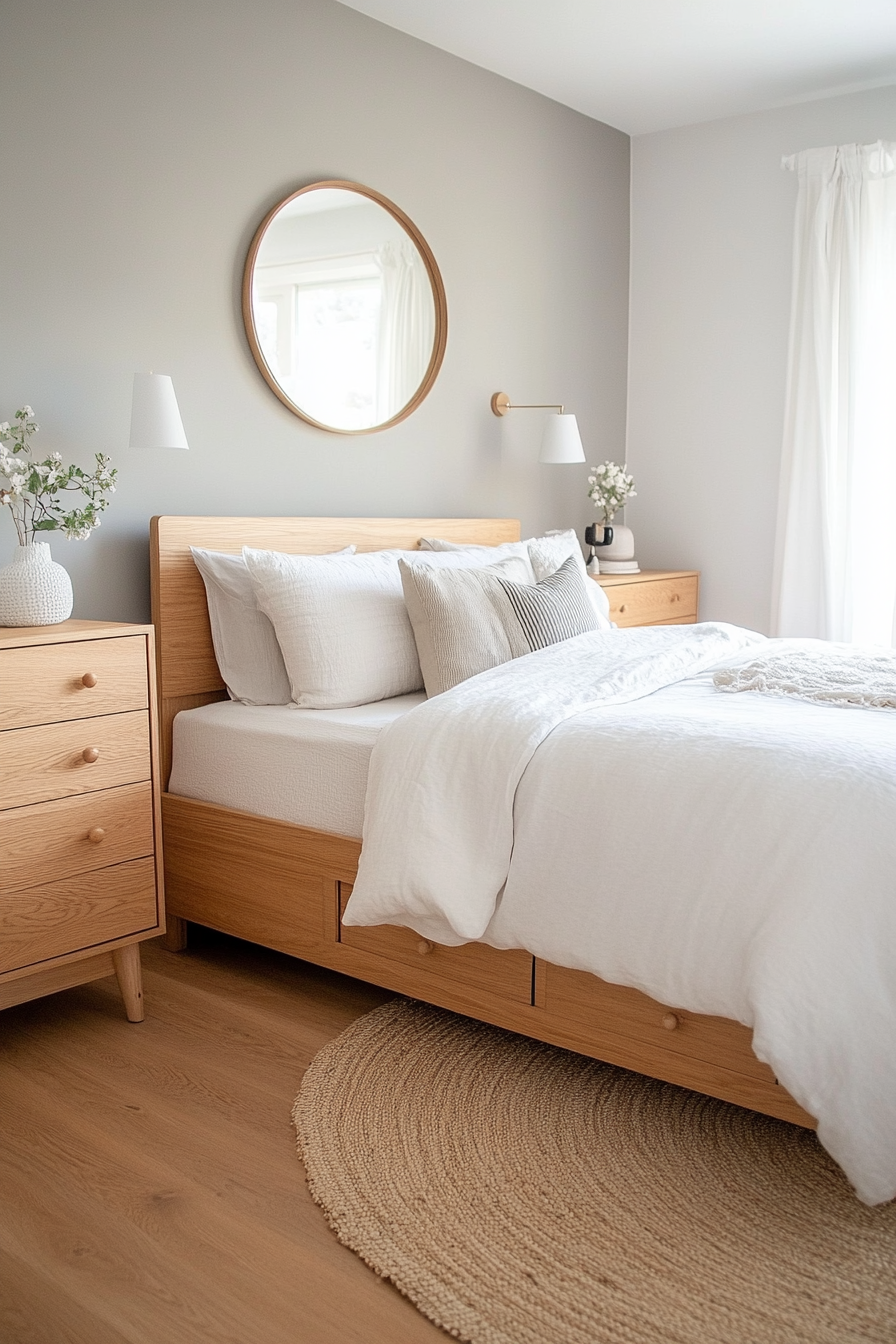 Strategic furniture placement maximizes space in this small mid-century bedroom.