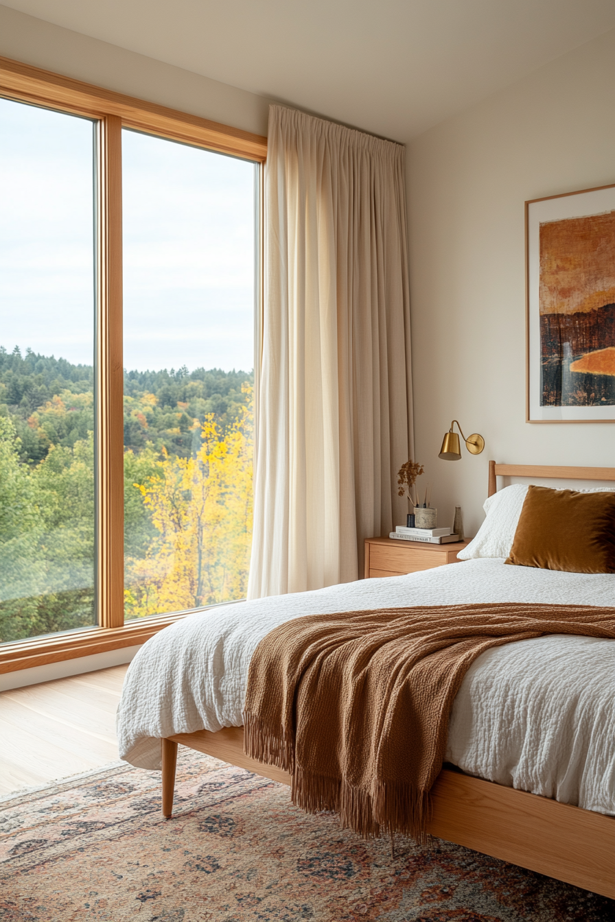 A luxurious mid-century modern master suite with walnut furniture and large windows.