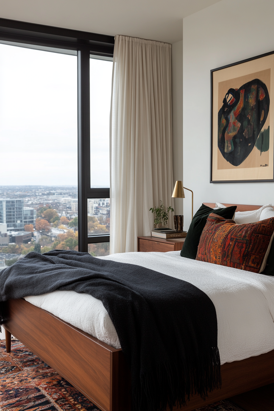 A walnut-framed bed adds a bold focal point to this luxurious master suite.