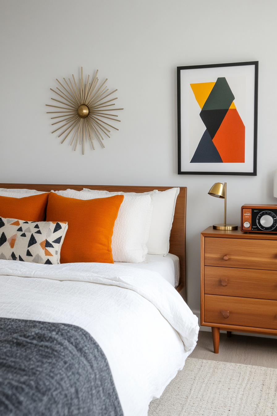 Sculptural decor pieces like a starburst clock complete this mid-century bedroom.
