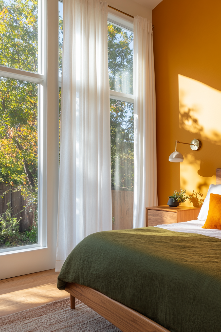 A mid-century bedroom with rich color blocking in earthy tones.