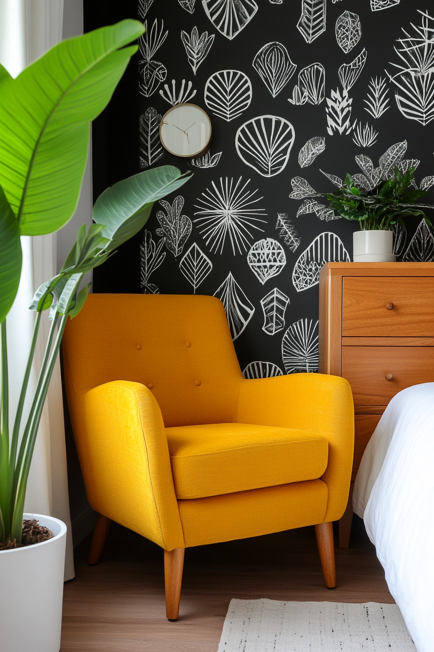 A bold geometric wallpaper in a mid-century modern bedroom.