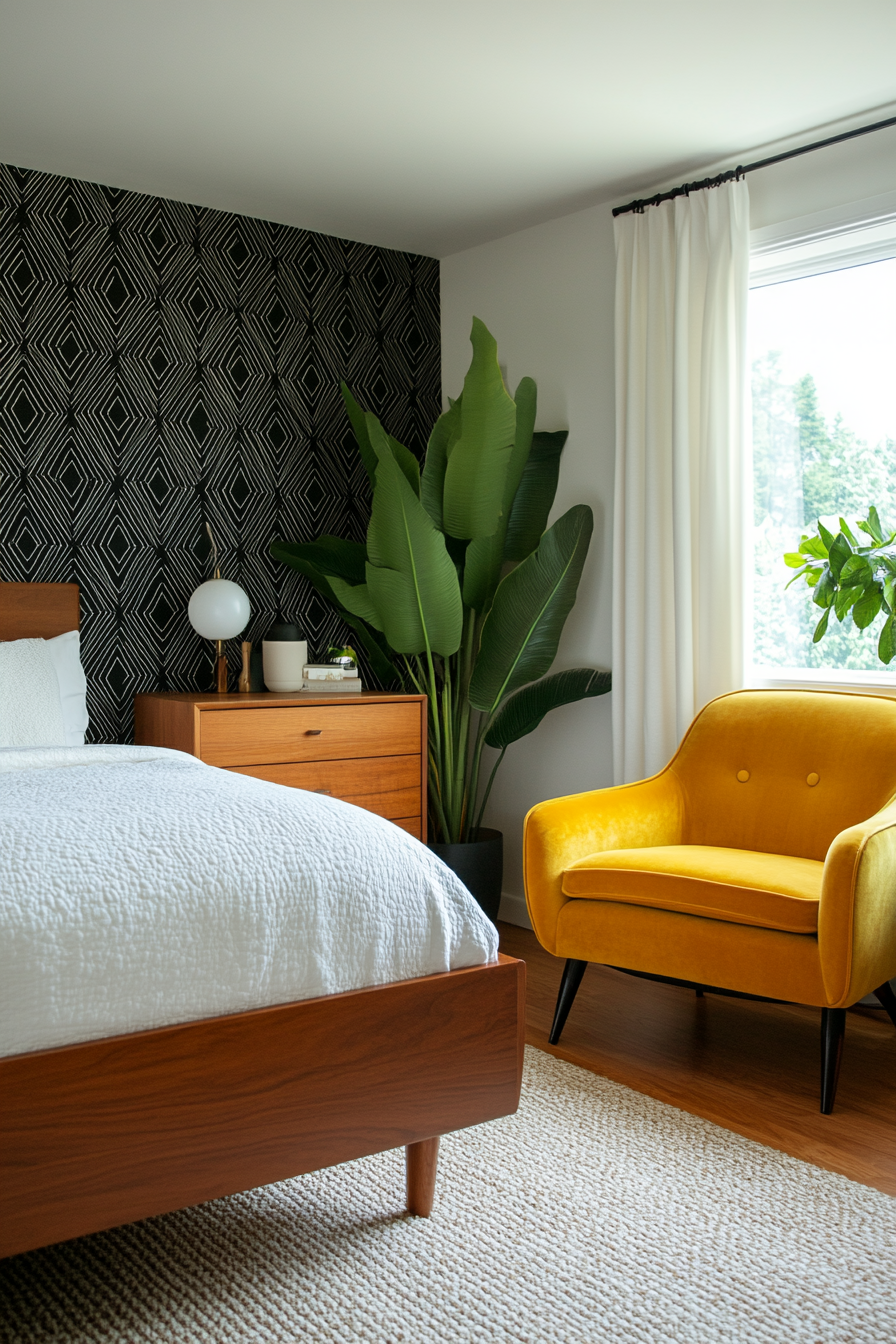 Bold geometric shapes add depth to this bedroom's wallpaper.