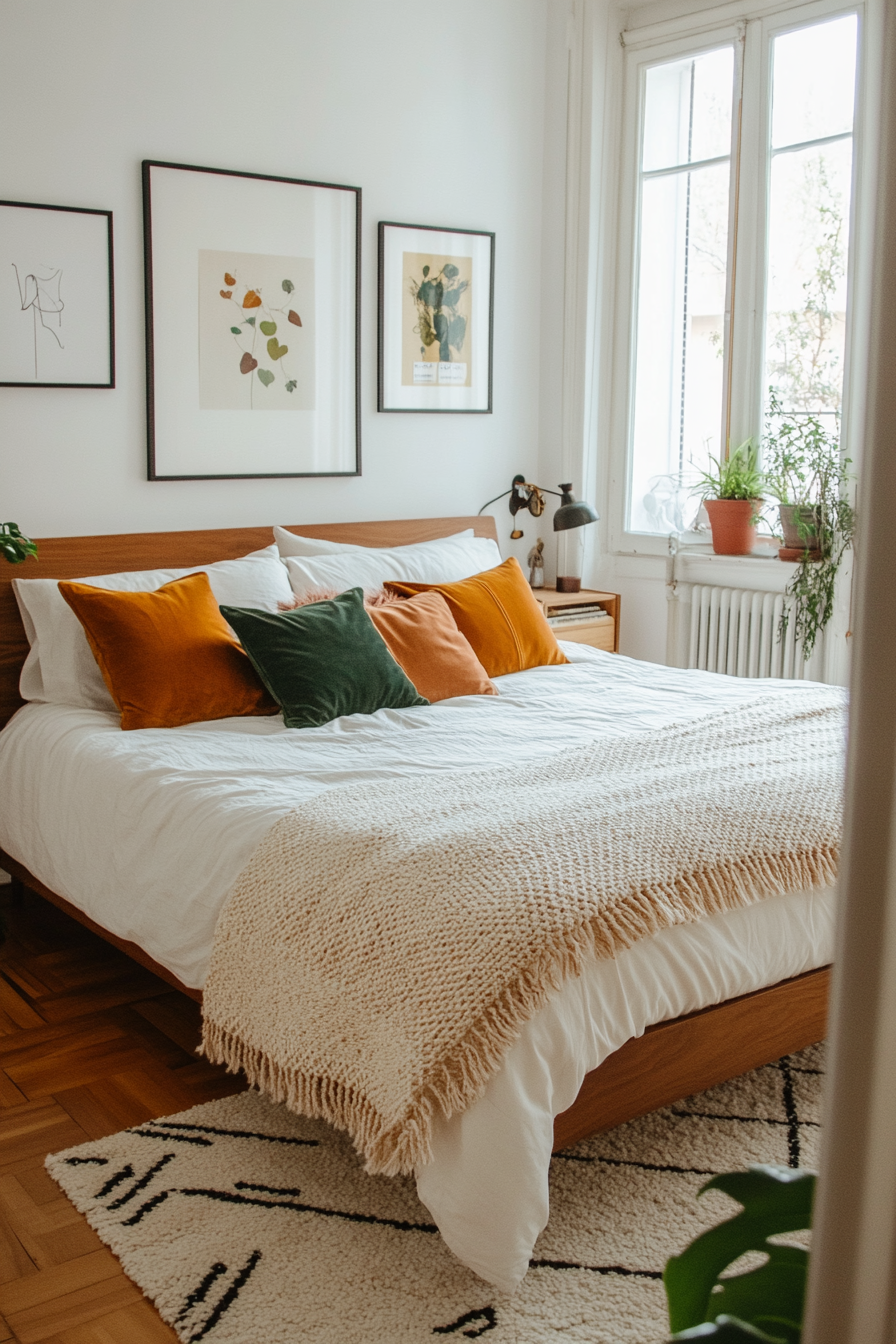 A mid-century modern bedroom featuring layered textiles and cozy lighting.