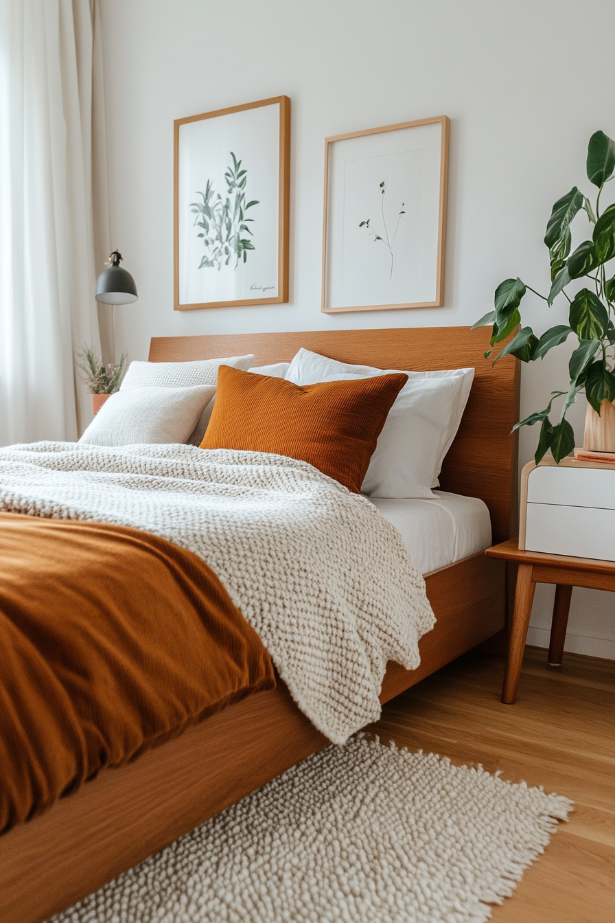 Layered textures create a cozy feel in this mid-century modern space.