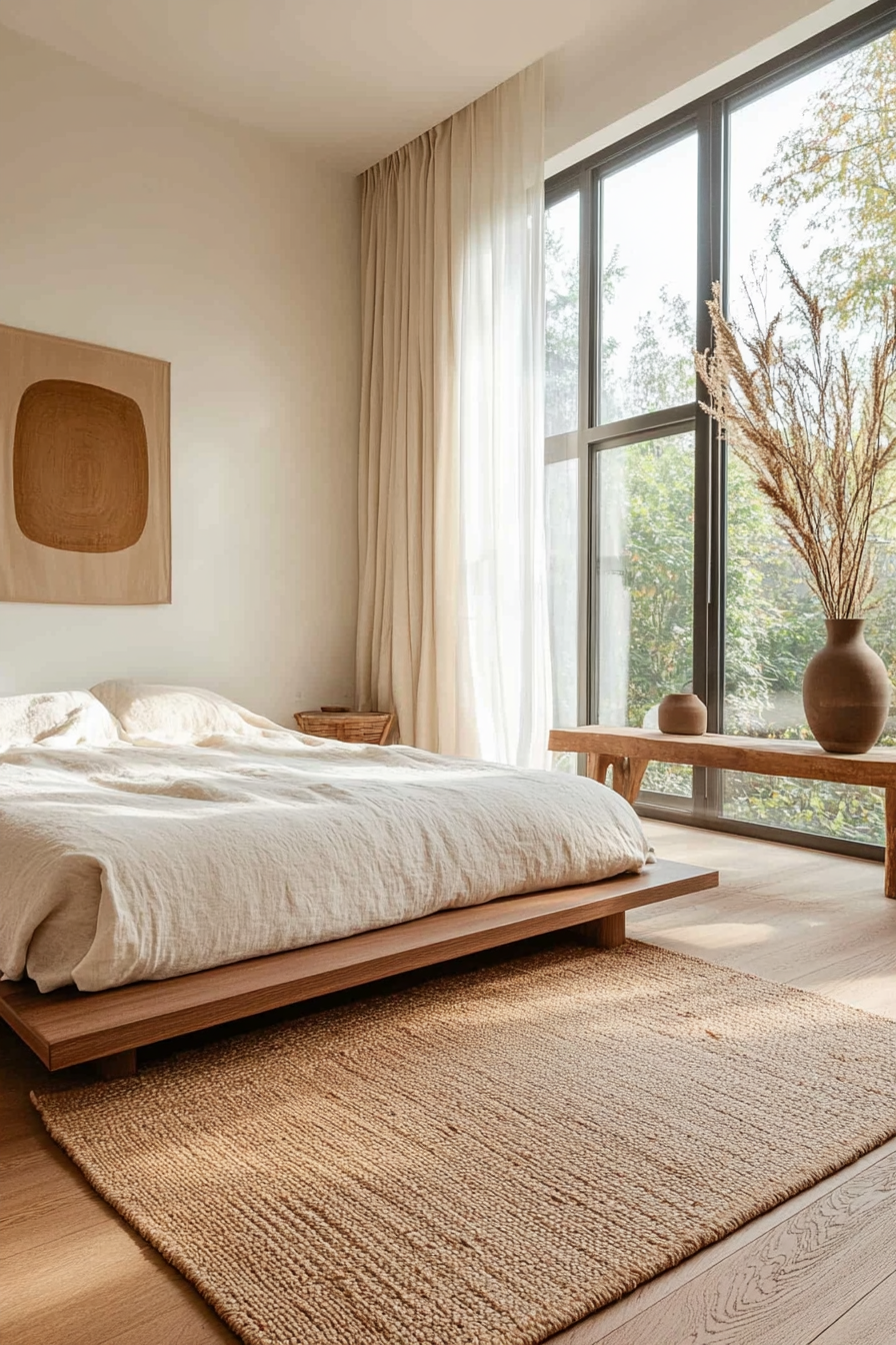 A serene Japandi-inspired mid-century modern bedroom with neutral tones.