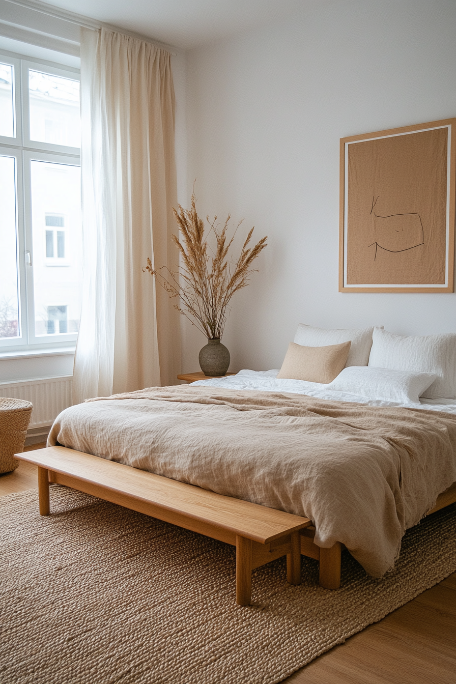 Japandi elements create a serene and simple aesthetic in this bedroom.