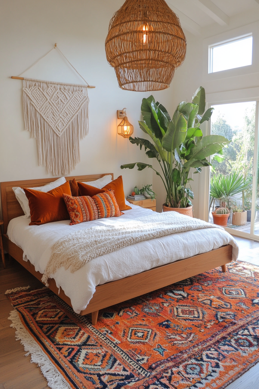 A mid-century modern bedroom with vibrant Boho patterns and textures.