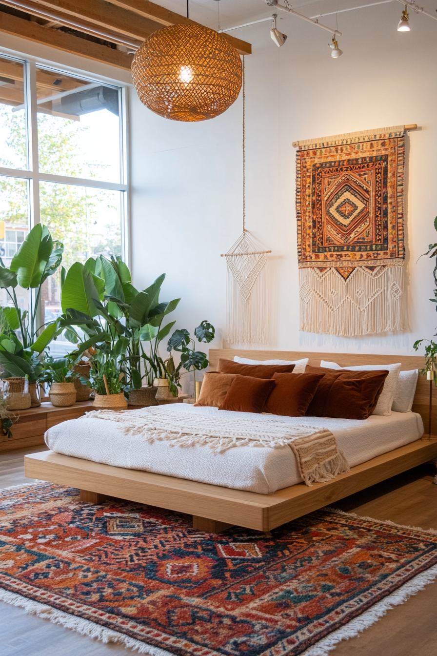 Boho and mid-century modern elements combined in a colorful bedroom design.
