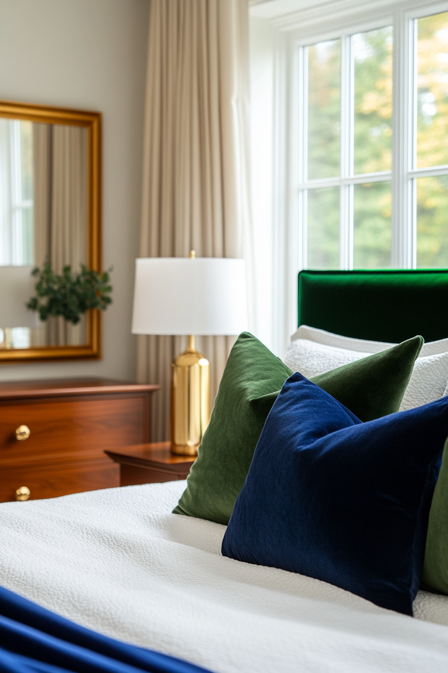 A luxurious mid-century modern bedroom with velvet accents and brass decor.