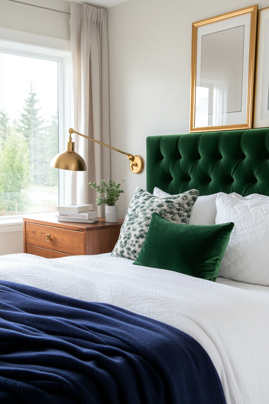 Plush velvet and brass elements elevate this mid-century modern bedroom.