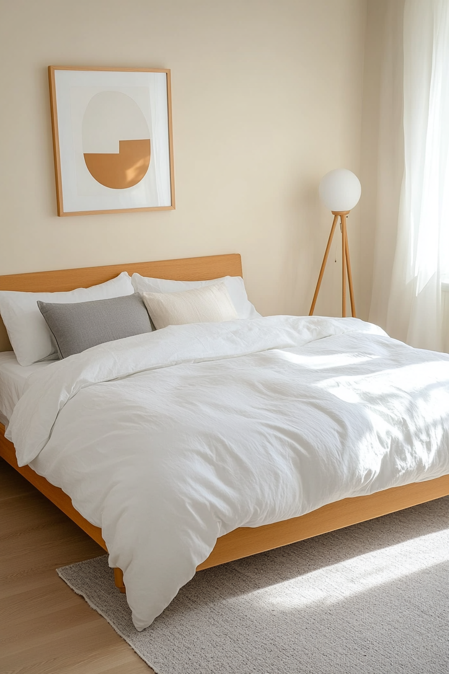 Neutral tones and minimalist decor create a peaceful Scandinavian-inspired space.