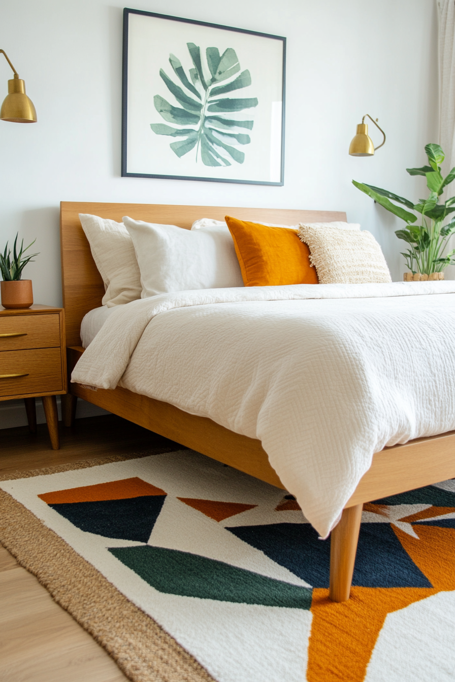 A bold geometric rug anchors this mid-century modern bedroom.