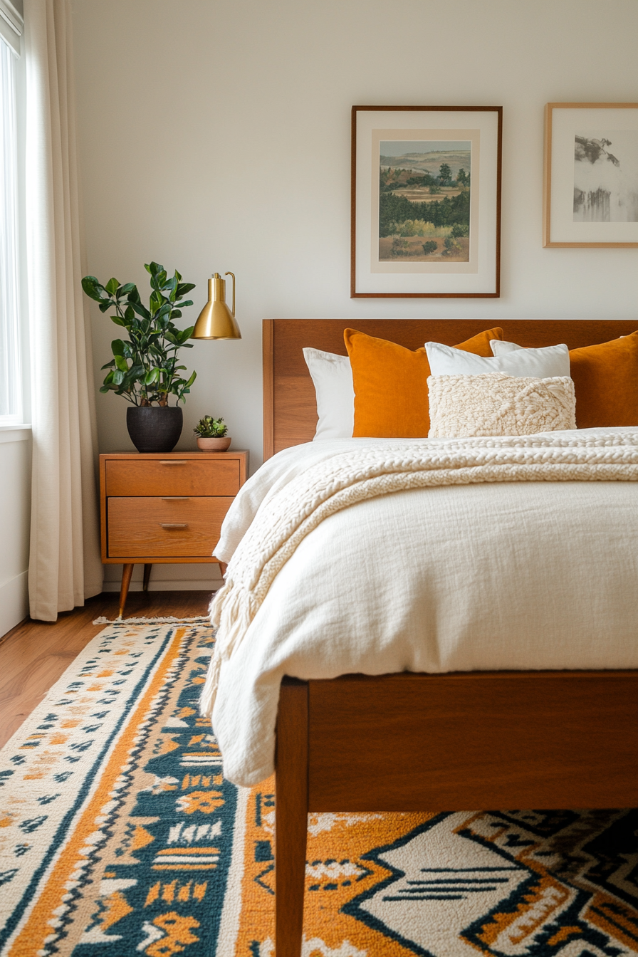 A neutral wool rug complements the textures in this mid-century bedroom.