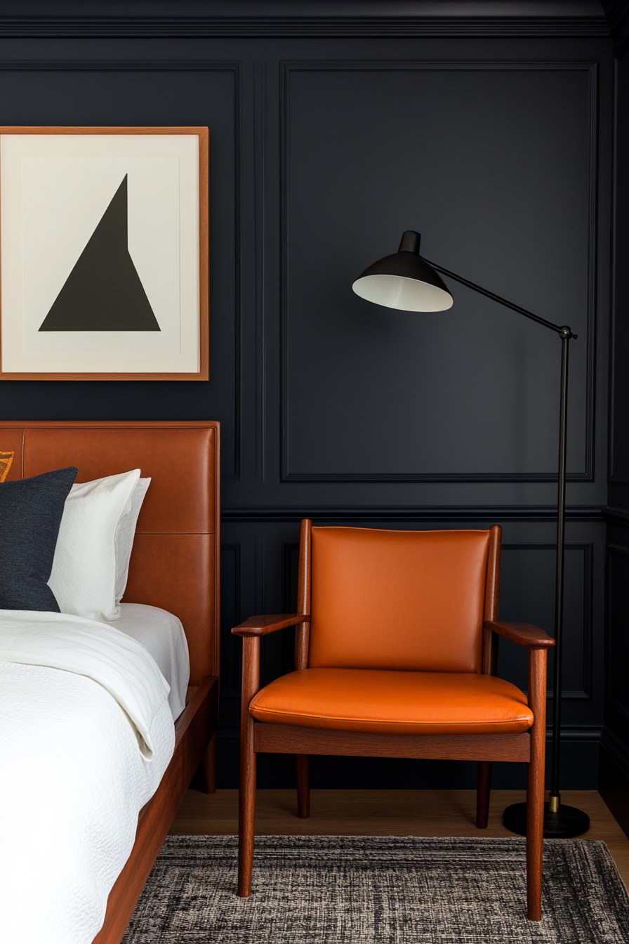 A masculine mid-century modern bedroom with dark tones and sleek furniture.