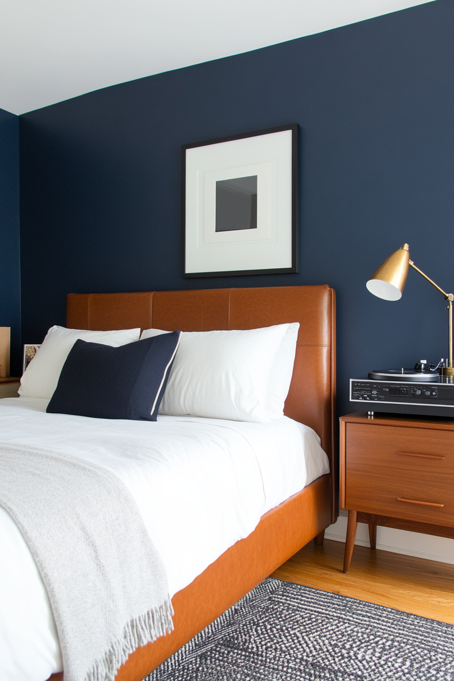 Leather and dark wood elements create a masculine aesthetic in this mid-century modern space.