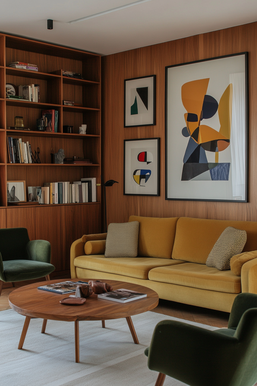 Mid-century living room with earthy tones like olive green and mustard yellow.