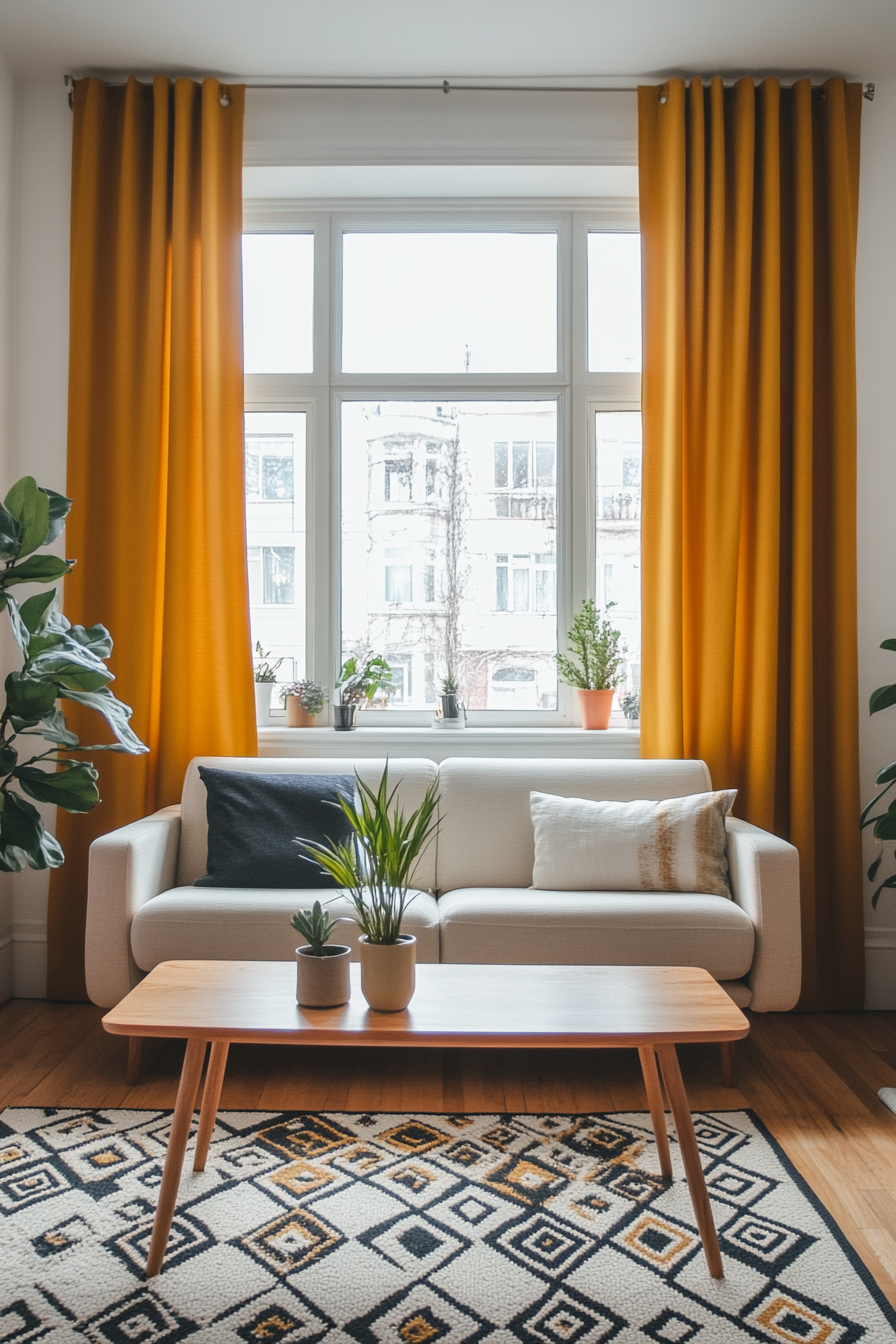 Mid-century modern living room with floor-length curtains in neutral tones.