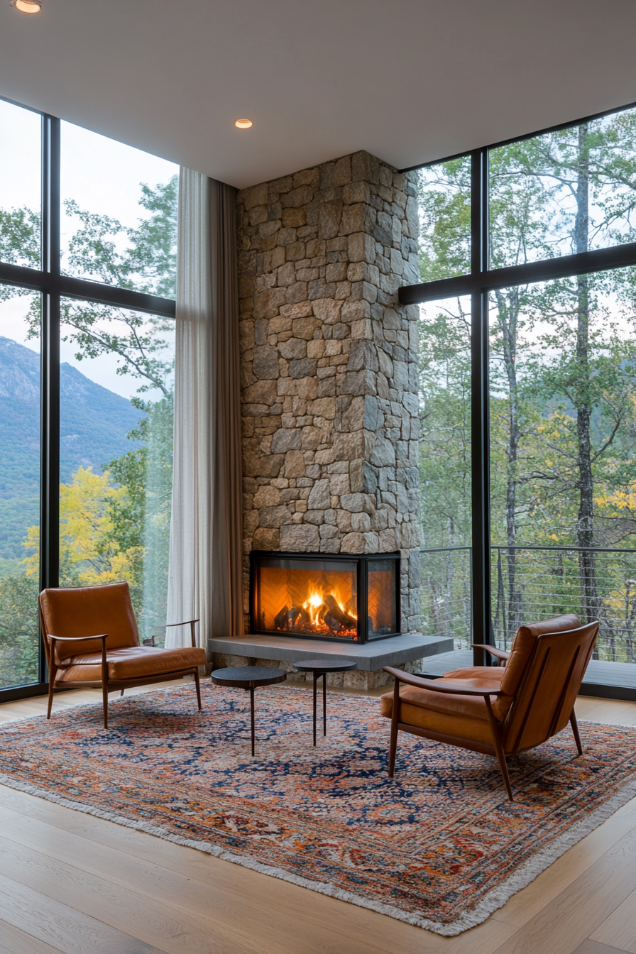 Stone fireplace with a low hearth in a mid-century modern living room.